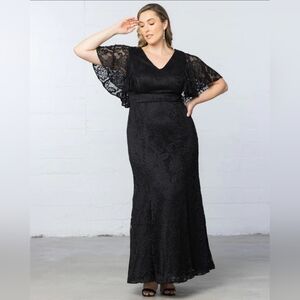 NWT Kiyonna Womens Black Lace V-Neck Flutter Sleeve Maxi Evening Gown PLUS 2X